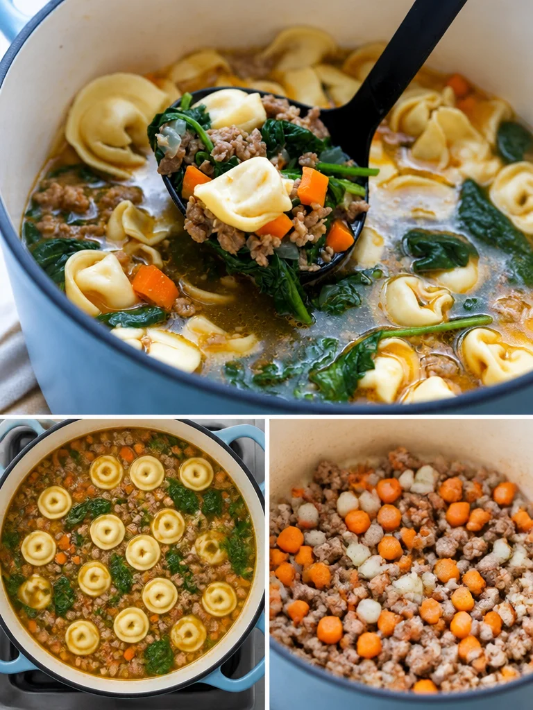 Bowl of Italian Tortellini Soup garnished with fresh herbs and cheese