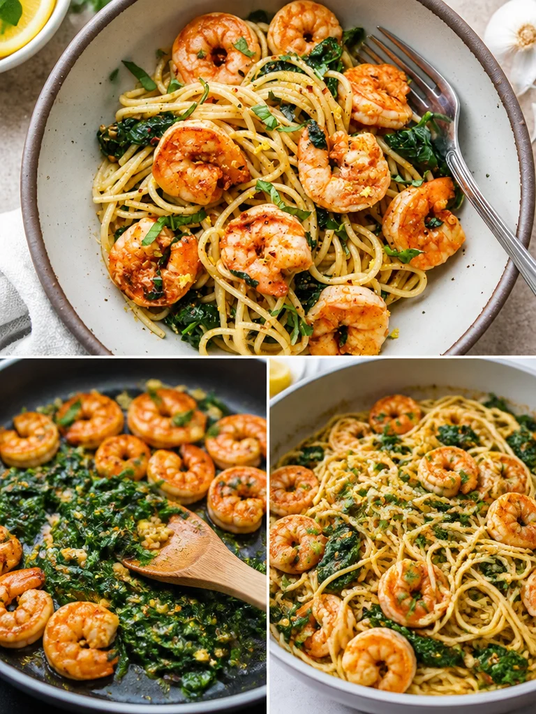 Lemon Garlic Shrimp Pasta With Spinach Plate of Lemon Garlic Shrimp Pasta with Spinach garnished with lemon slices