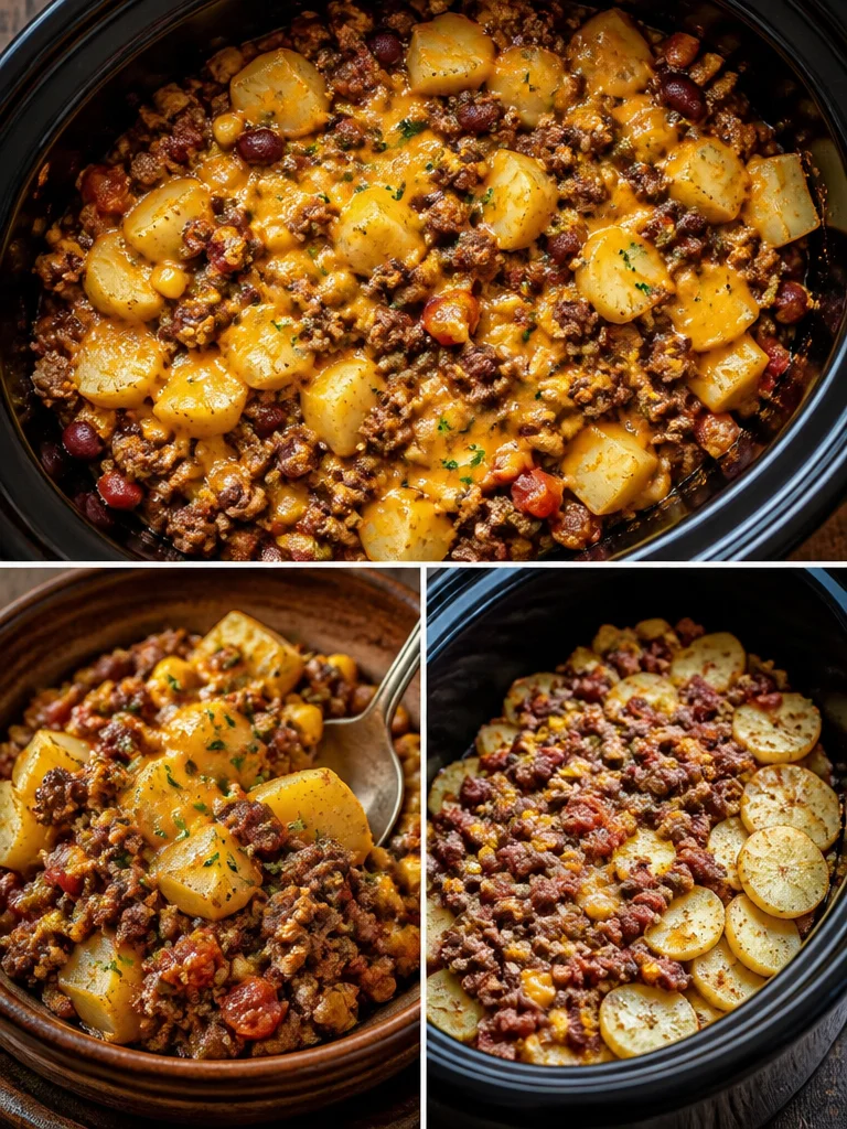 Delicious Slow Cooker Cowboy Casserole with ground beef and vegetables
