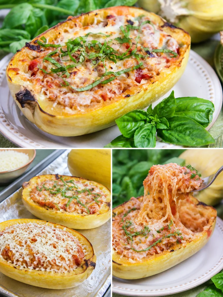 Twice Baked Spaghetti Squash Marinara recipe Delicious twice baked spaghetti squash marinara on a plate