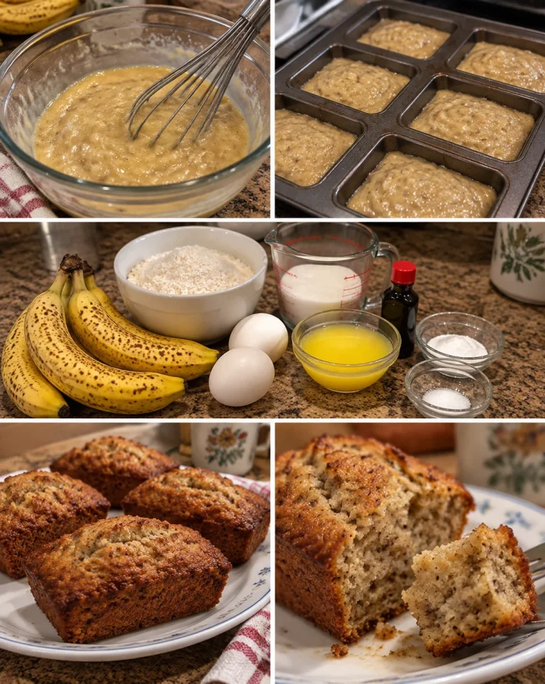 Freshly baked mini banana loaves served on a wooden board