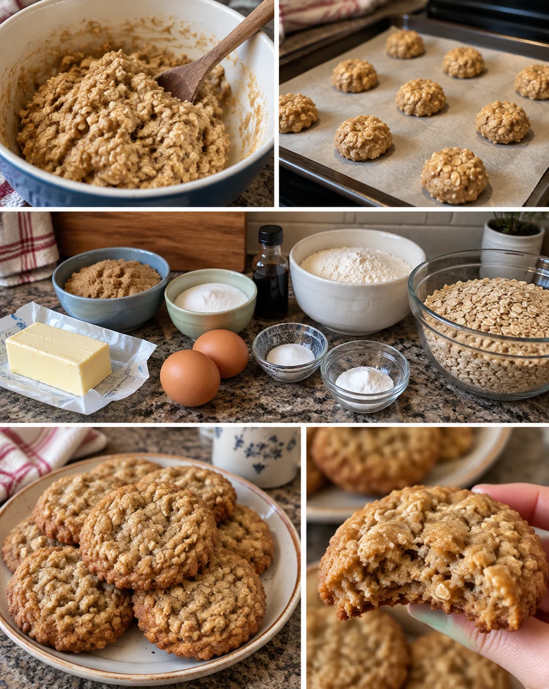 Freshly baked soft and chewy oatmeal cookies on a cooling rack.